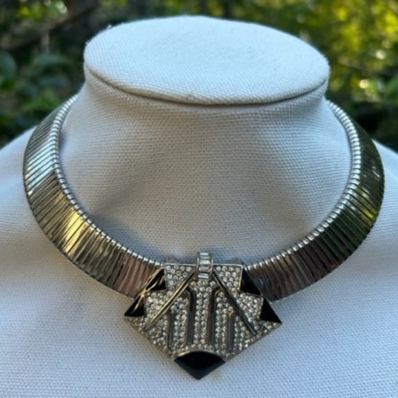 VTG CINER Silver Wide Omega Choker Rhinestone Black Enamel Pendant NECKLACE - Picture 2 of 9